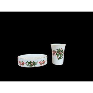 Vintage ceramic Christmas holly soap holder and cup set with gold colored trim J
